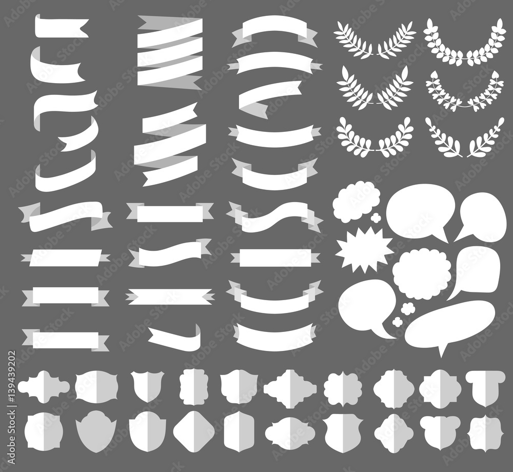 Beg vector set of ribbons, laurels, wreaths and speech bubbles in flat style.
