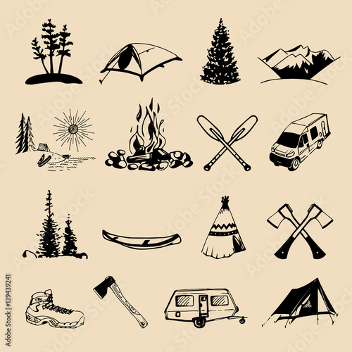 Vector set of vintage camping logo elements. Retro signs of outdoor adventures. Tourist sketches for emblems or badges.