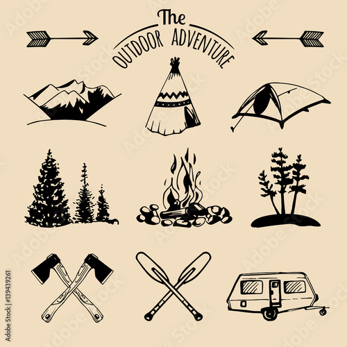 Vector set of vintage camping logo elements. Retro signs of outdoor adventures. Tourist sketches for emblems or badges.
