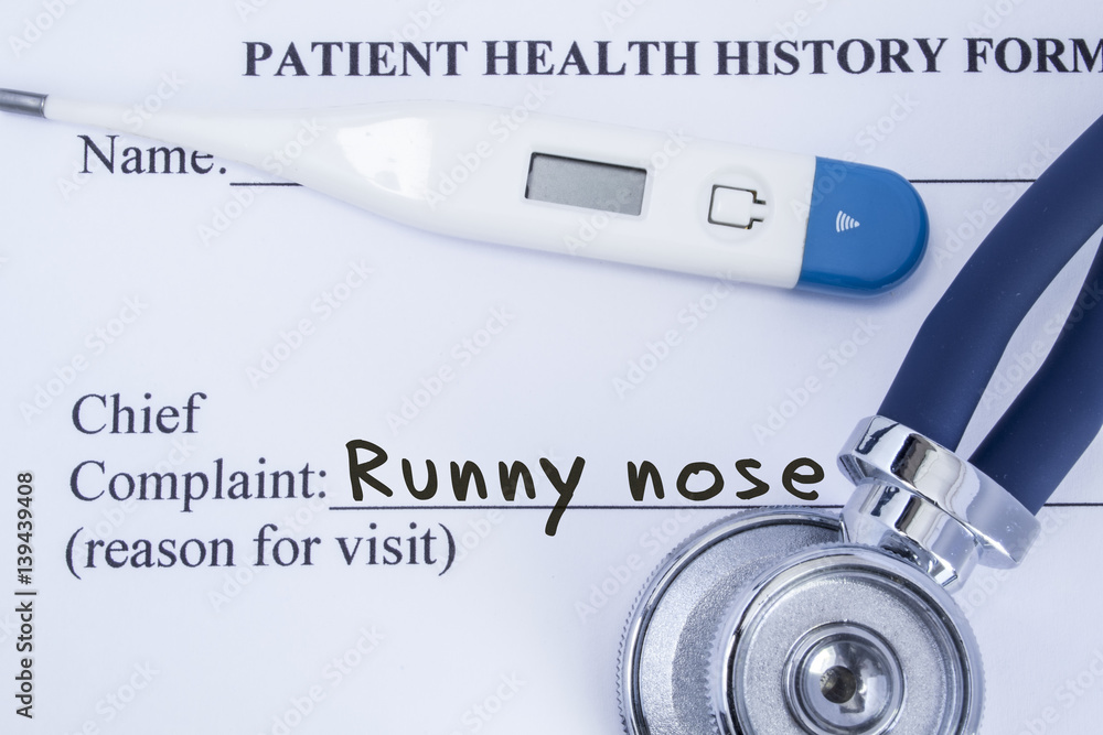 Chief complaint runny nose. Paper patient health history form, on which ...