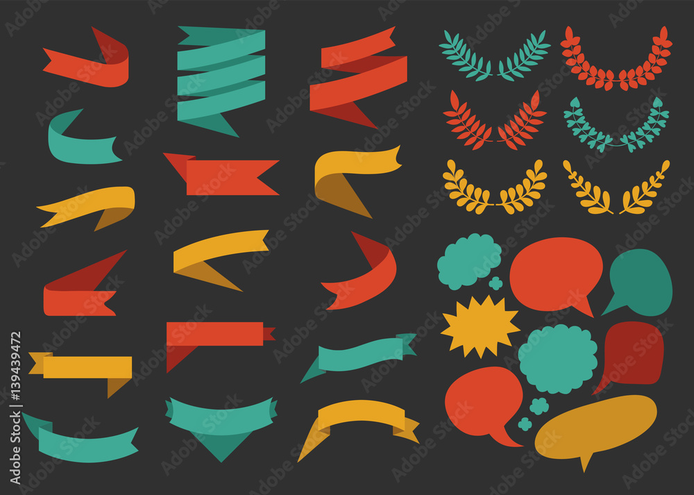 Beg vector set of ribbons, laurels, wreaths and speech bubbles in flat style. Beg vector set of ribbons, laurels, wreaths and speech bubbles in flat style.
