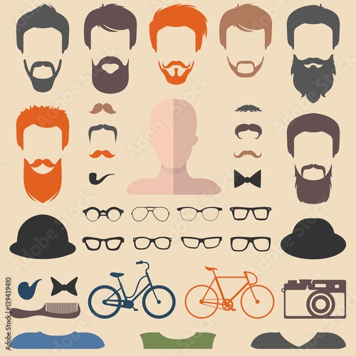 Big vector set of dress up constructor with different men hipster haircuts, glasses, beard etc. Male faces icon creator.