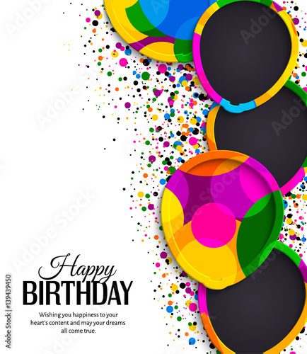 Happy birthday greeting card. Paper balloons with colorful borders. Drops color on background. Vector illustration.