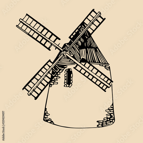 Vector illustration of traditional windmill in hand sketched style. Organic bio products poster. Eco food sign.