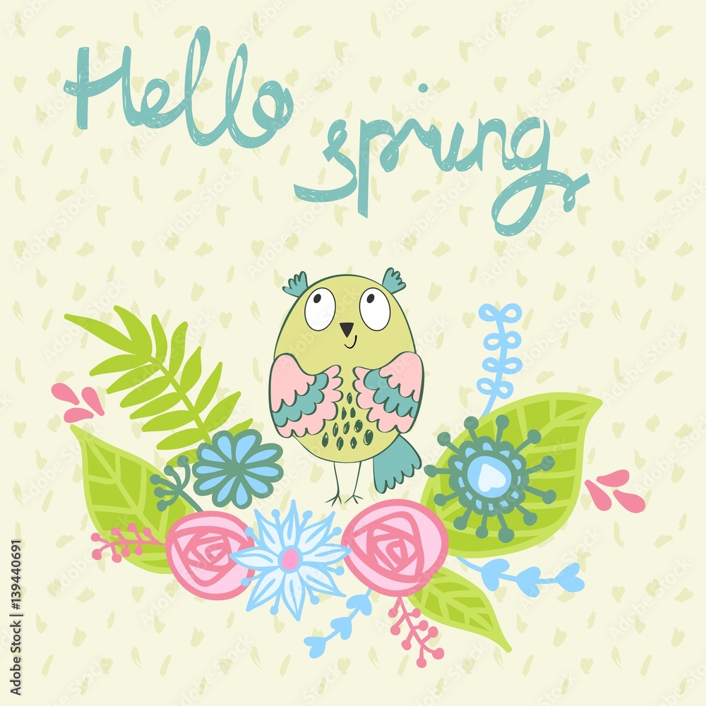 Hello spring. Greeting card with funny owls in vector.