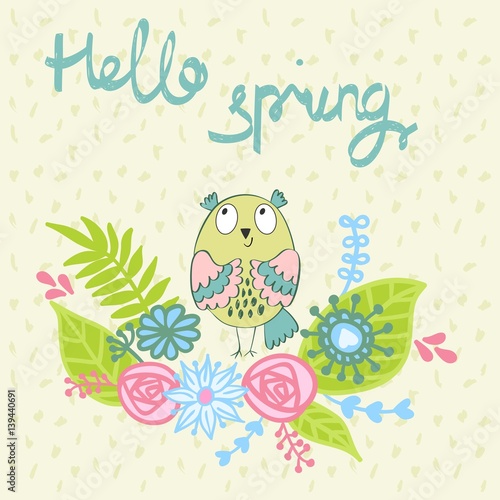 Fototapeta Naklejka Na Ścianę i Meble -  Hello spring. Greeting card with funny owls in vector.