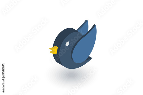 bird, message symbol, tweet isometric flat icon. 3d vector colorful illustration. Pictogram isolated on white background
