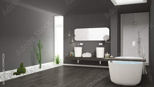 Minimalist white bathroom with succulent garden  wooden floor and pebbles  hotel  spa  modern interior design