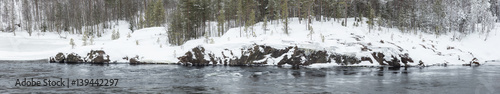 panorama with snowed pines and black river