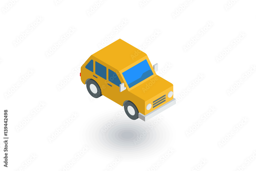 yellow car, hatchback isometric flat icon. 3d vector colorful illustration. Pictogram isolated on white background