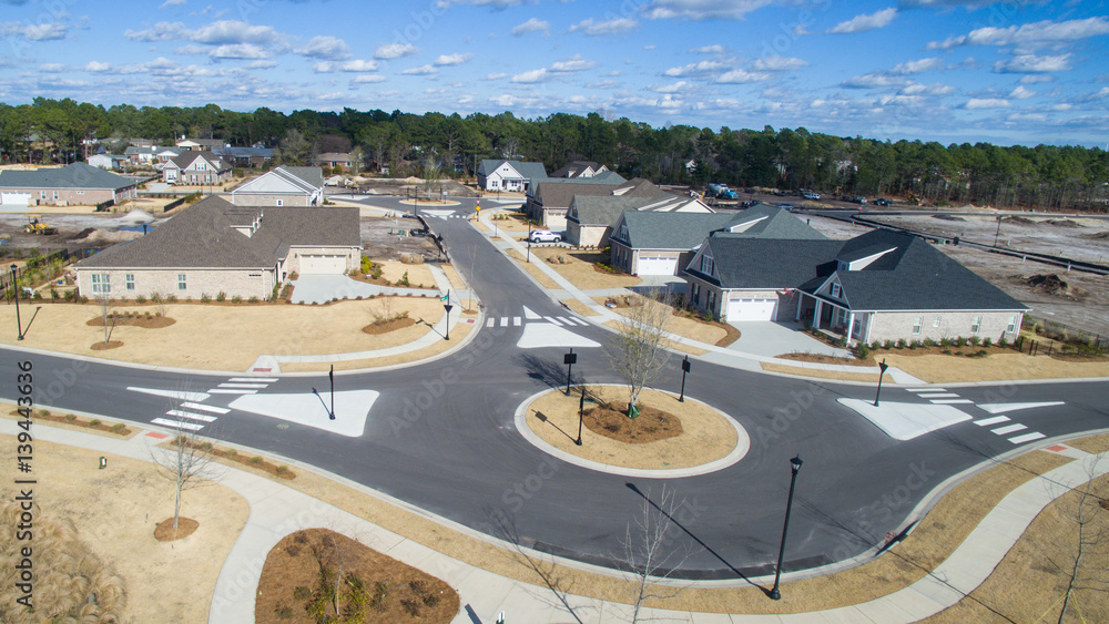 Aerial photo of a traffic circle in a new neighborhood in Wilmington, NC