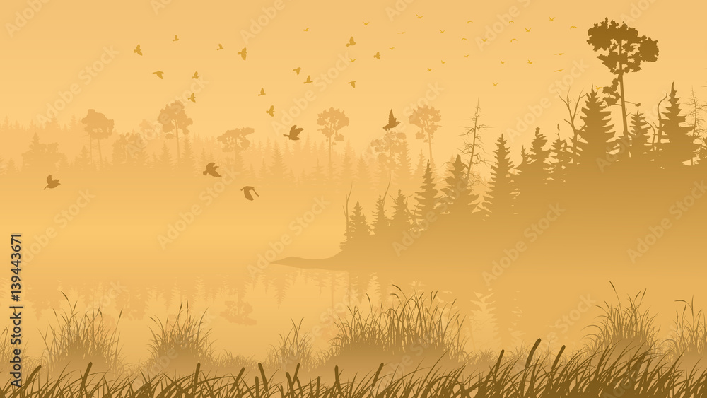 Fototapeta premium Illustration of forest with its reflection in lake and flock of birds.