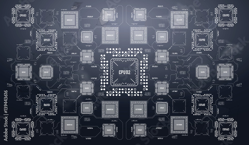 Modern Background with futuristic user interface. Electronic computer hardware technology. Motherboard digital chip. Integrated communication processor. Information engineering component.