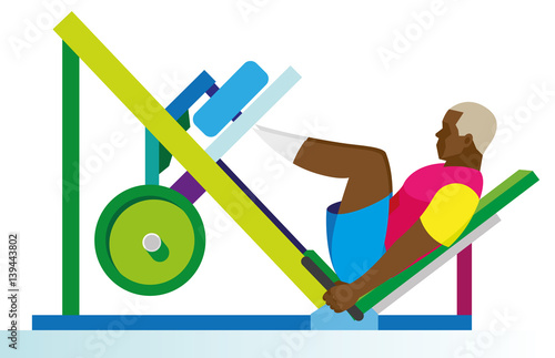 African American athlete performs exercises on the simulator for the press legs