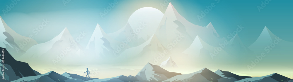 Mountains Landscape Panorma with Nordic Walking - Vector Illustration