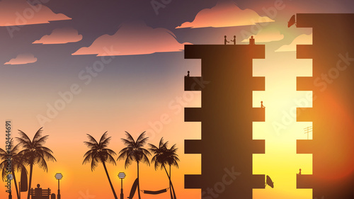Beach Apartment Balcony Silhouette with People and Palmtree - Vector Illustration