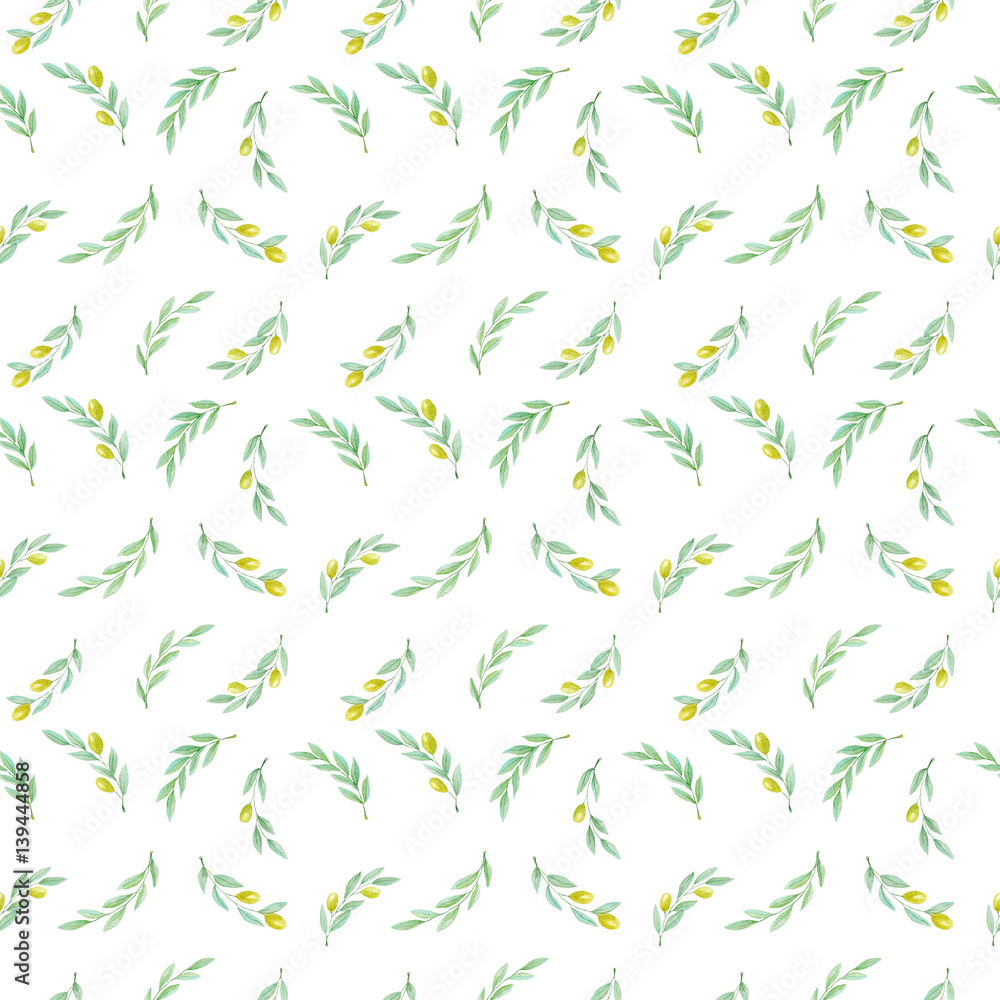 Hand drawn watercolor olive branch pattern texture
