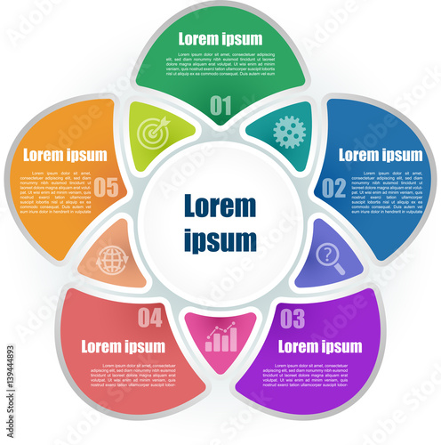 Circle infographic template 5 steps with central element. For presentation and design concept. Vector illustration.