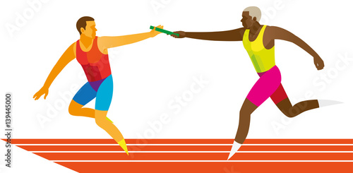 African American sprinter passes baton relay partner
