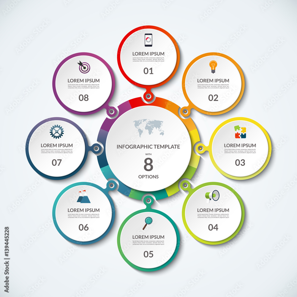 Infographic banner with 8 options. Circular template that can be used as round chart, cycle diagram, graph, workflow layout Infographic banner with 8 options. Circular template that can be used as round chart, cycle diagram, graph, workflow layout