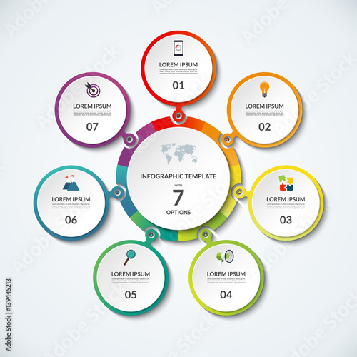 Infographic banner with 7 options. Circular template that can be used as round chart, cycle diagram, graph, workflow layout