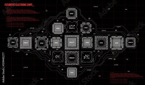 Modern Background with futuristic user interface. Electronic computer hardware technology. Motherboard digital chip. Integrated communication processor. Information engineering component.
