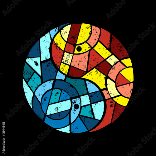 Yin yang picture with colorful parts in cubism style on black background. Grunge effect in separate layer. For t-shirt design. Vector illustration.