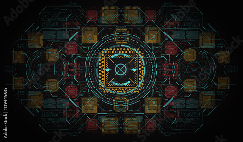 Modern Background with futuristic user interface. Electronic computer hardware technology. Motherboard digital chip. Integrated communication processor. Information engineering component.