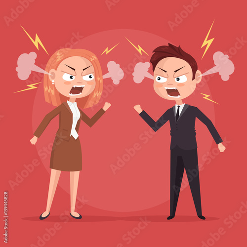 Man and woman office workers characters quarreling. Vector flat cartoon illustration