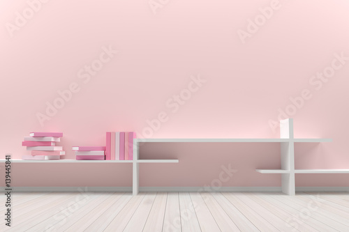 Empty interior pink pastel  room with wooden floor and books  For display of your products.  - 3D render image.