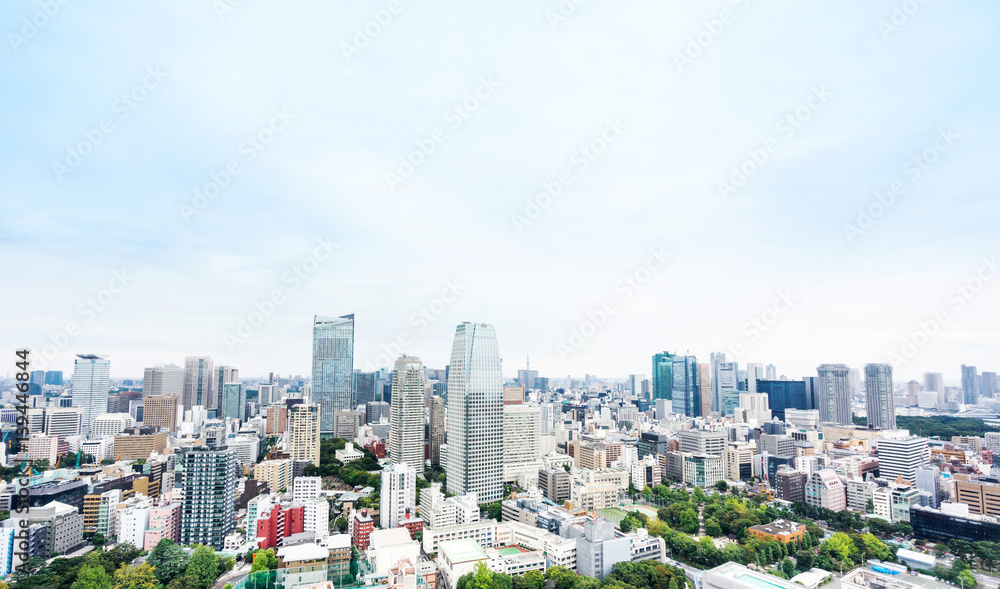 Fototapeta premium Business and culture concept - panoramic modern city skyline bird eye aerial view from tokyo tower under dramatic morning blue cloudy sky in Tokyo, Japan