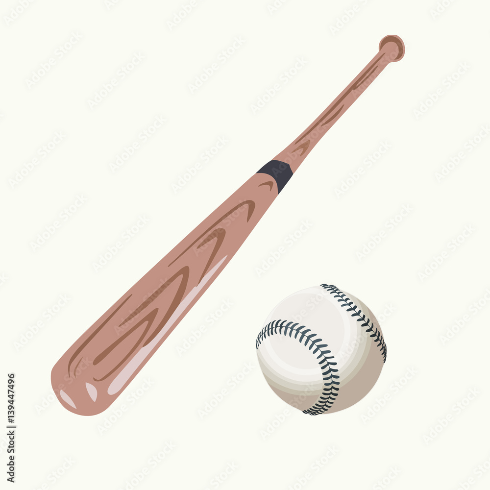 Wooden baseball bat and ball isolated on white background. Vector illustration. Wooden baseball bat and ball isolated on white background. Vector illustration.