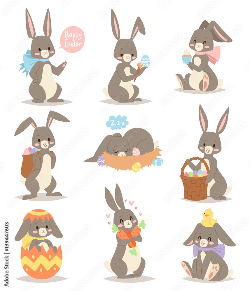 Happy rabbit cartoon character cheerful mammal holiday art hare with basket  and cute easter bunny with eggs funny gray animal vector illustration.  Stock Vector | Adobe Stock