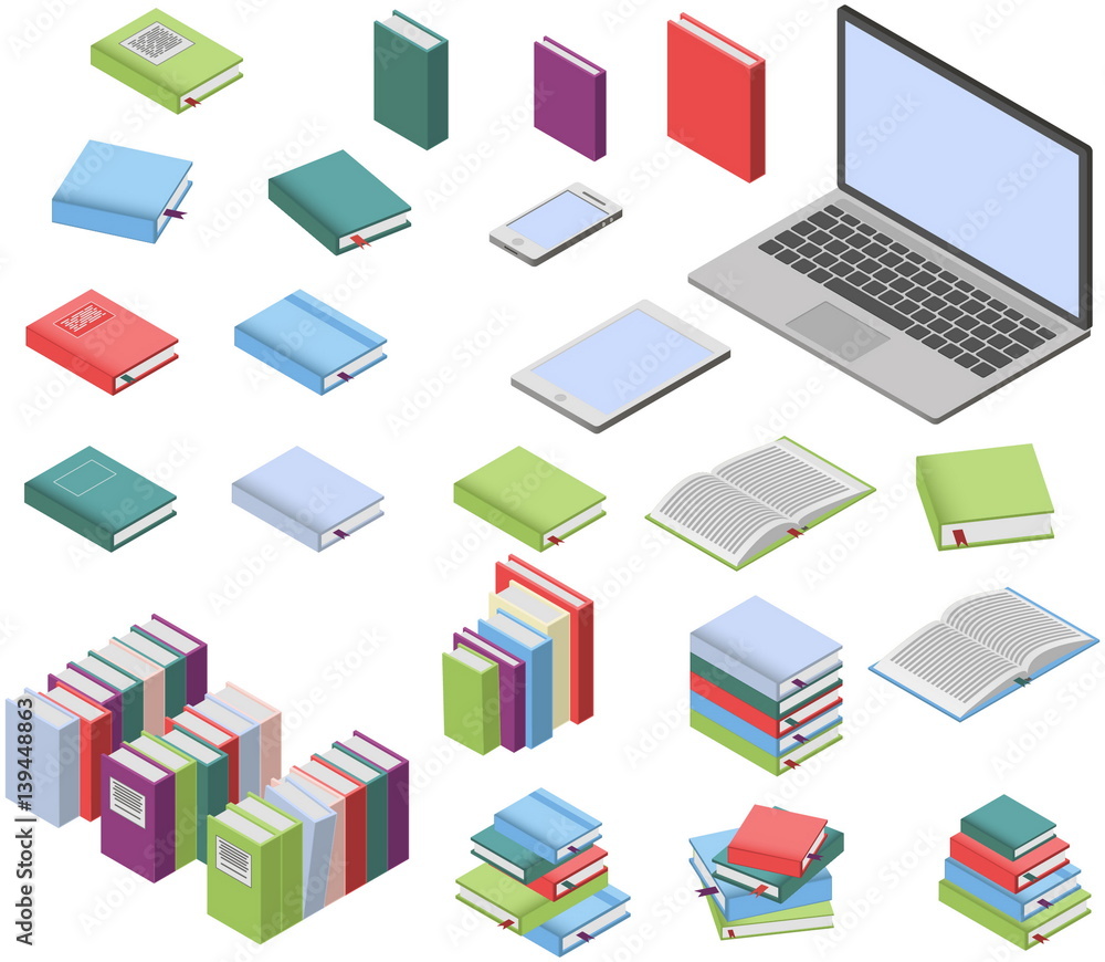 Isometric books and laptop set
