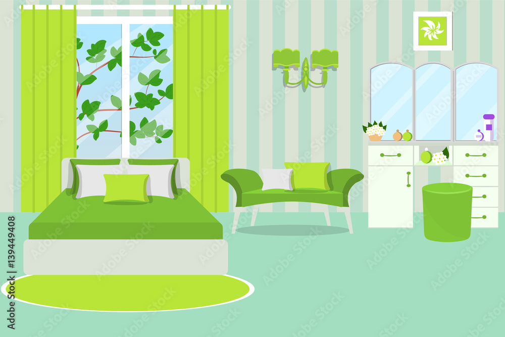 The interior of a bedroom and a summer landscape outside the window. Room  in a bright green and mint color. Cartoon. Vector illustration. Stock  Vector | Adobe Stock