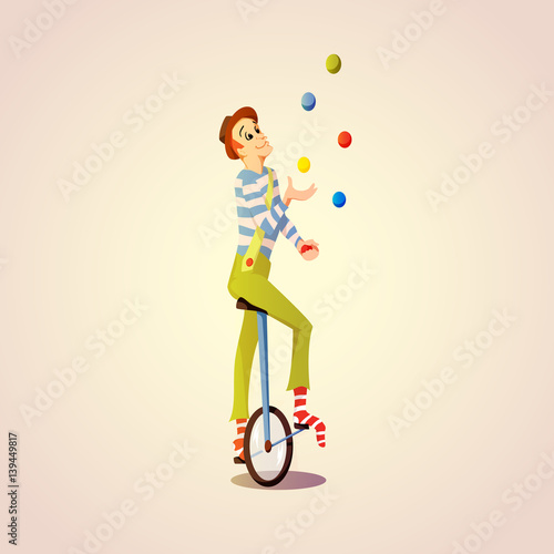 Cartoon Circus juggler juggling balls on a unicycle