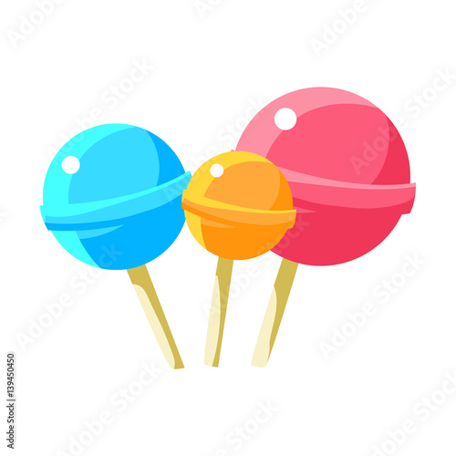 Three Round Lollyops Hard Candy On Stick, Fairy Tale Candy Land Fair Landscaping Element In Childish Colorful Design Isolated Object