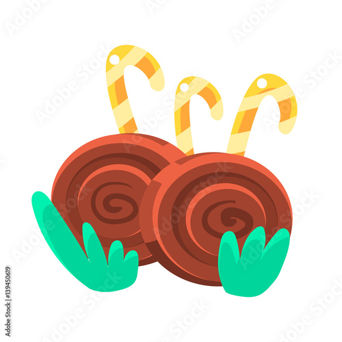 Chocolate Rolls With Hooked Candy Sticks, Fairy Tale Candy Land Fair Landscaping Element In Childish Colorful Design Isolated Object