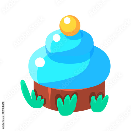 Chocolate Cupcake With Blue Icing, Fairy Tale Candy Land Fair Landscaping Element In Childish Colorful Design Isolated Object
