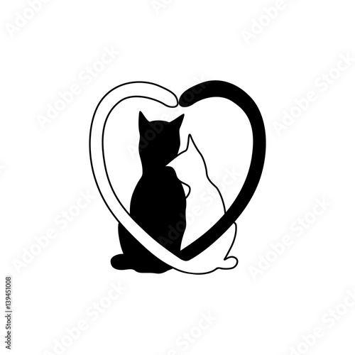 Silhouette of cat couple in love with shape heart tails. Vector greeting card
