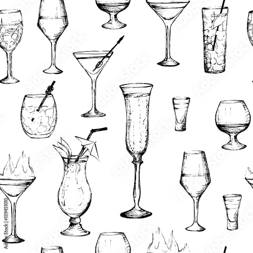 Cocktails - seamless black and white pattern with hand-drawn elements