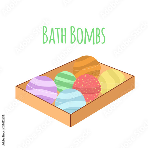 Box with bath bombs. Cartoon flat set. Nature organic soap