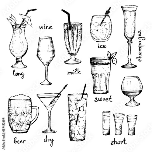 Cocktails - set of hand-drawn drinks with text