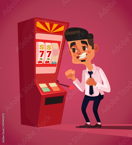 Man character play in slot machine. Vector flat cartoon illustration