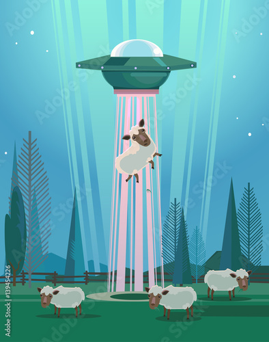 UFO stealing sheep character. Vector flat cartoon illustration