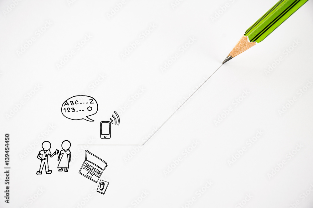 pencil draws the idea of communication on the white background pencil draws the idea of communication on the white background