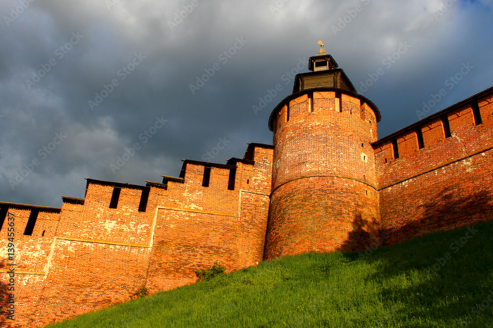 Wall Nizhny Novgorod Kremlin and stormy sky