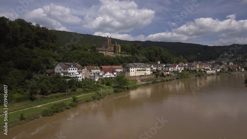 The Mittelburg with the romantic Village "Neckarsteinach" at the river "Neckar", Neckarsteinach, Germany, aerial, Jun 2016
