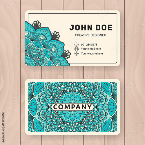 Creative useful business name card design. Vintage colored Mandala design for personal name card, visiting card or tag. Round ornament vector illustration.