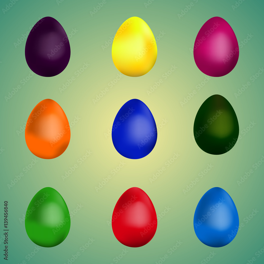 blue, yellow, purple, green, orange, red Easter eggs on blue background